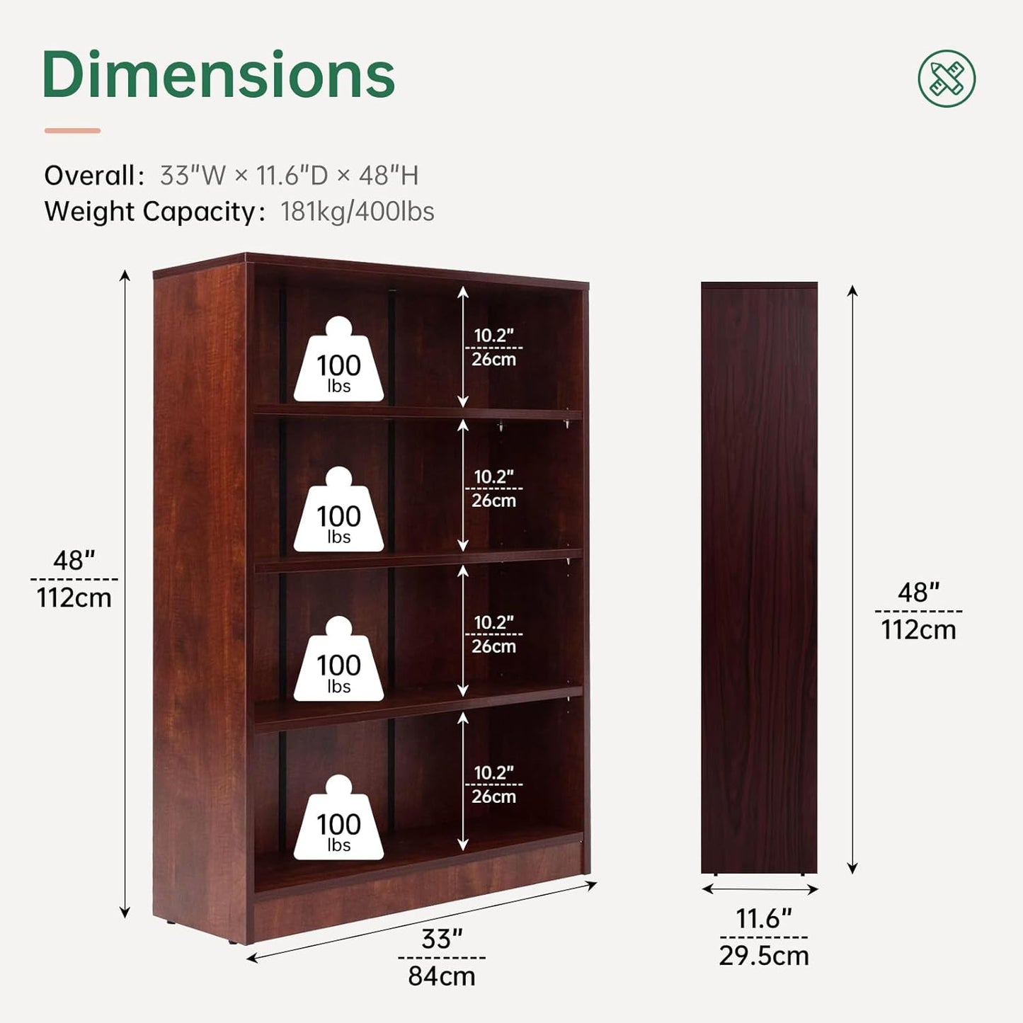 NicBex 48" Heavy Dute Wood Bookcase with Adjustable Shelves, Modern Manga Bookshelf for Living Room, Office, Small Spaces, Manga and Book Shelves Storage, Tip-Over Resistant, 33" Wide Cherry