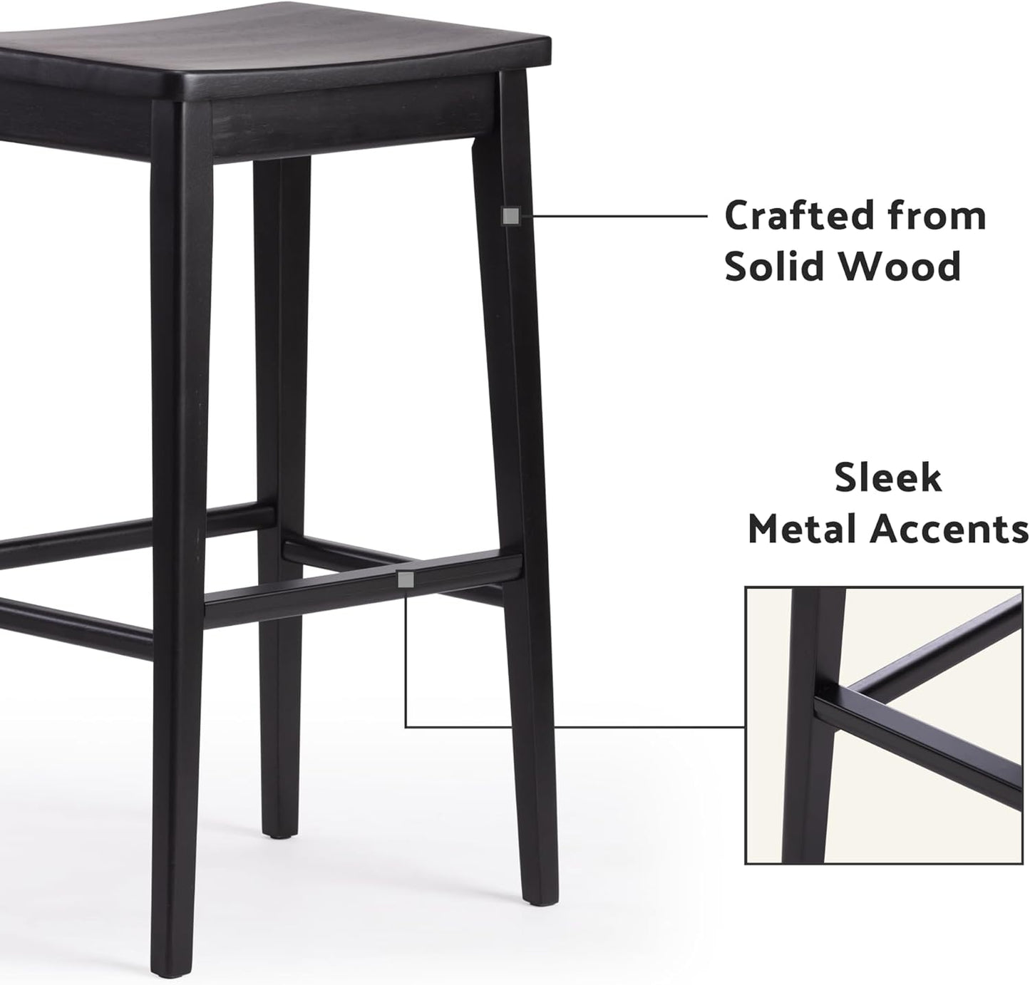 Plank+Beam Smythe Bar Stool, 30", Set of 2, Sturdy Wood Modern Kitchen Bar Height Stool, Saddle Seat Backless Counter Chair, Metal Footrest, Black