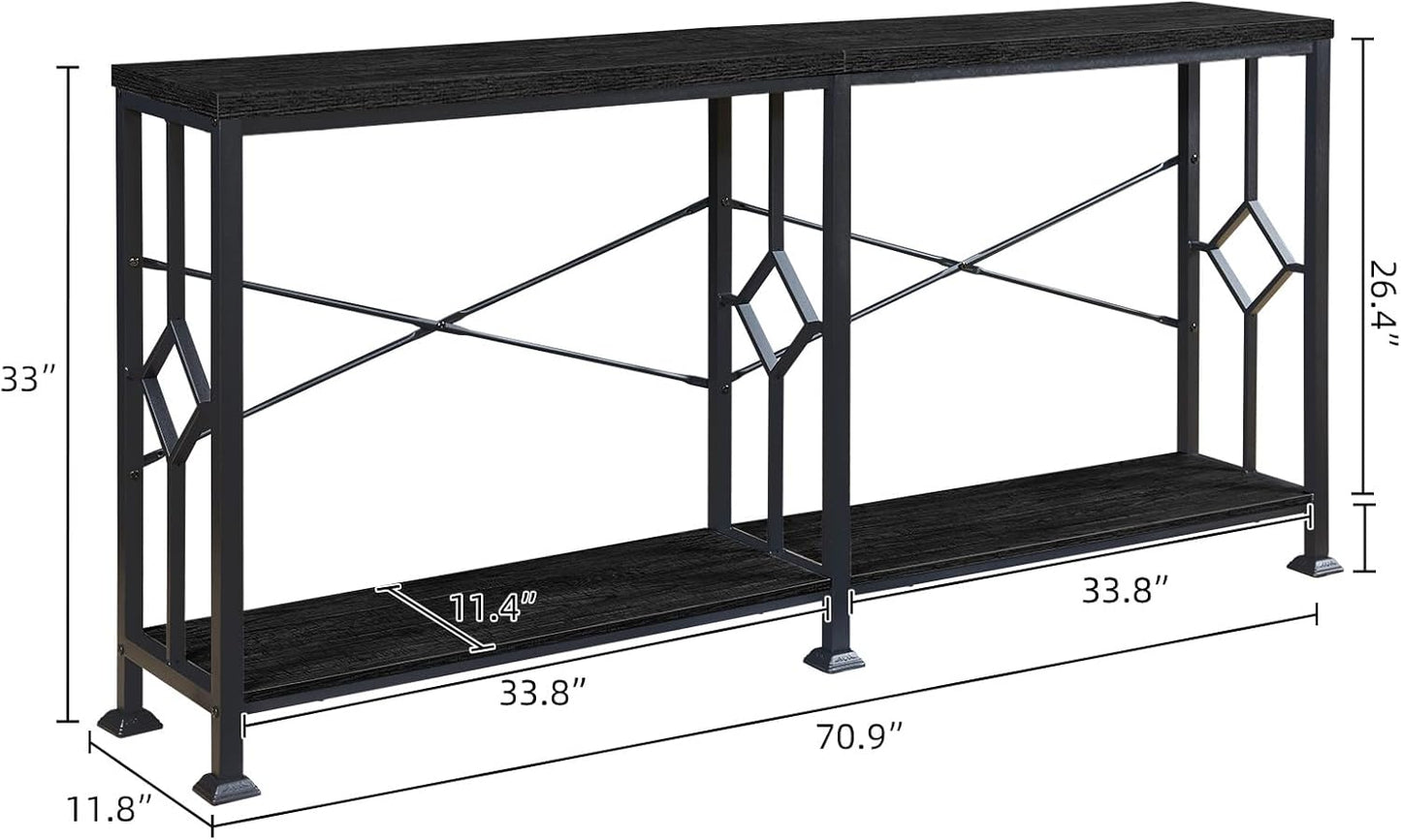 HOMISSUE Long Entryway Console Table, 70.9" Industrial Narrow Sofa Tables Behind Couch with 2 Tier Storage Shelf for Hallway, Living Room, Black