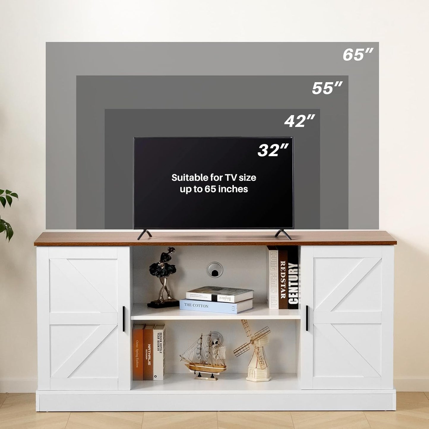 HollyHOME Farmhouse TV Stand for Televisions up to 65”, Wood Entertainment Center with Storage Cabinets and Adjustable Shelves, Media TV Console Table for Living Room and Bedroom, White