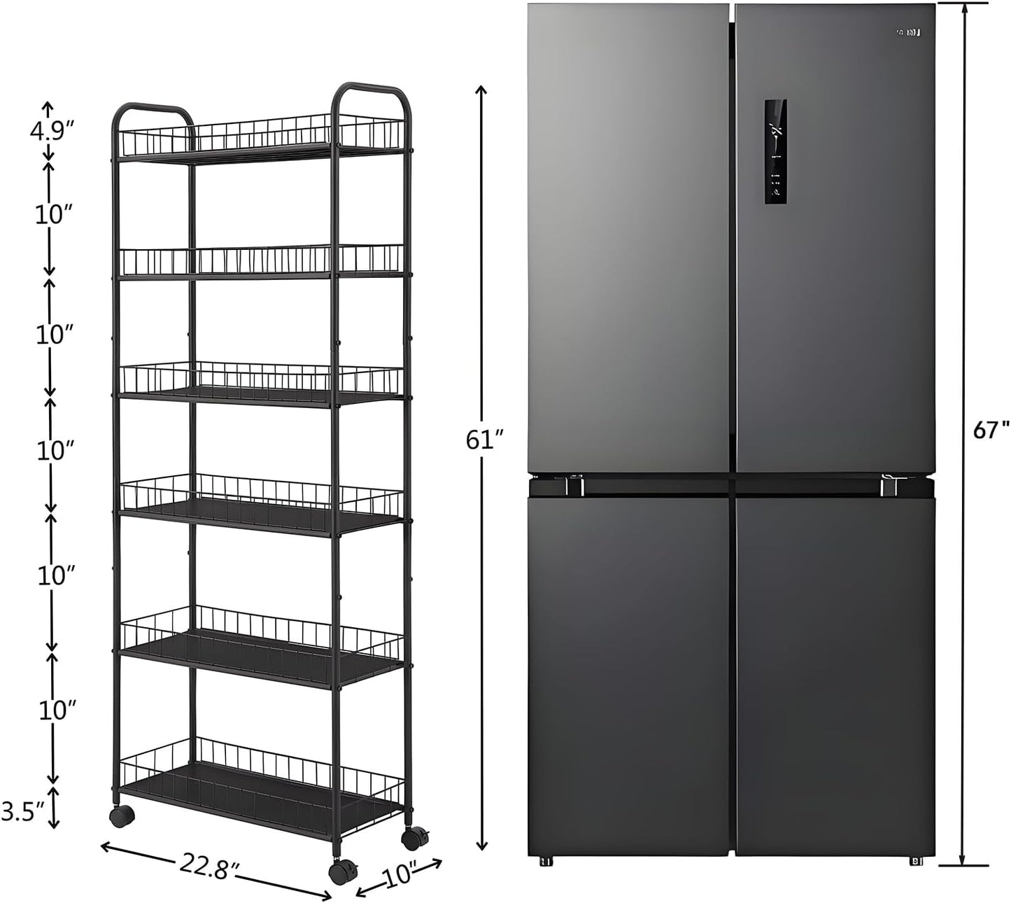 6-Tier Slim Storage Cart with Wheels,10in Wide Black Narrow Rolling Shelf,Sturdy Slim Storage Ideal for Kitchen, Bathroom, and Laundry Room