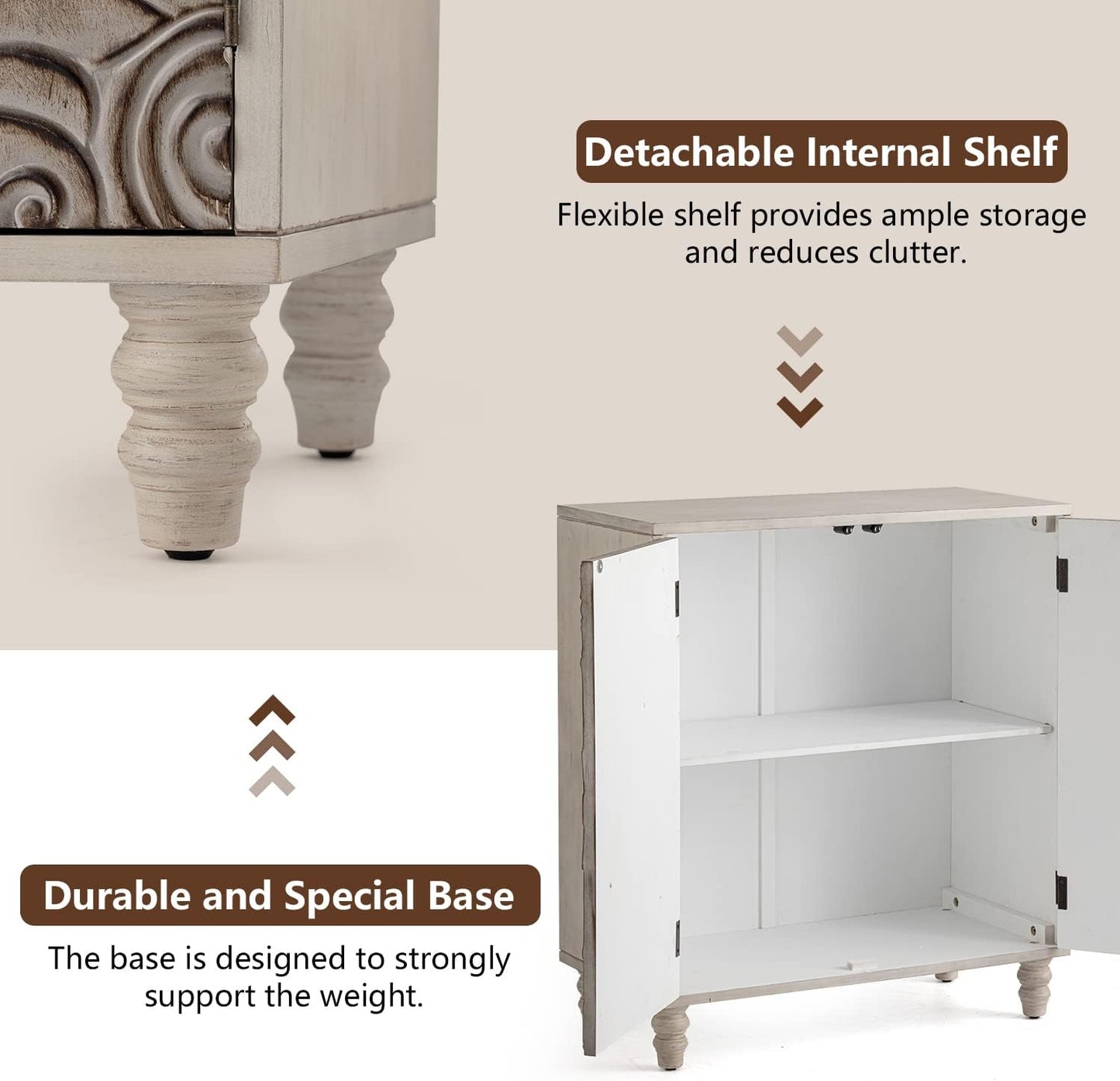 COSIEST Set of 2 32" Buffet Sideboard Cabinets with Storage, Accent Cabinet with Push-to-Open Doors, Vintage Flower Carved Pinewood Doors, Entryway Console for Living Room, Kitchen, Hallway, Gray