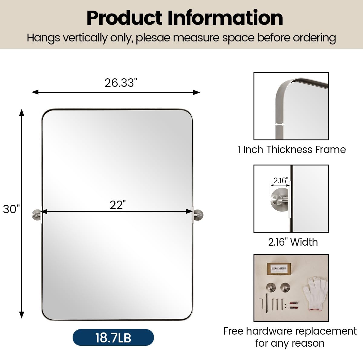 MOON MIRROR 22" x 30" Brushed Nickel Metal Framed Pivot Rectangle Bathroom Mirror, Silver Tilting Rounded Rectangular Vanity Mirror for Wall Hangs Vertical Only