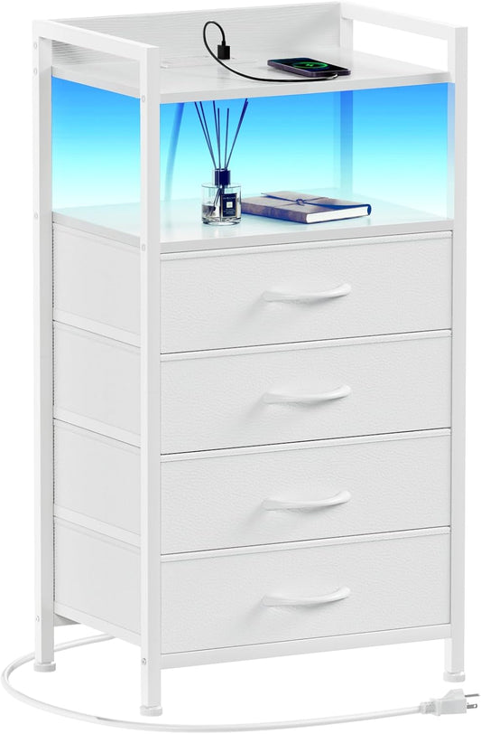 Furnulem White Nightstand with Charging Station, Night Stand Side Table with Led Light, Tall Dresser for Bedroom with 4 Fabric Storage Drawers, Metal Frame, Wood Shelf(White)