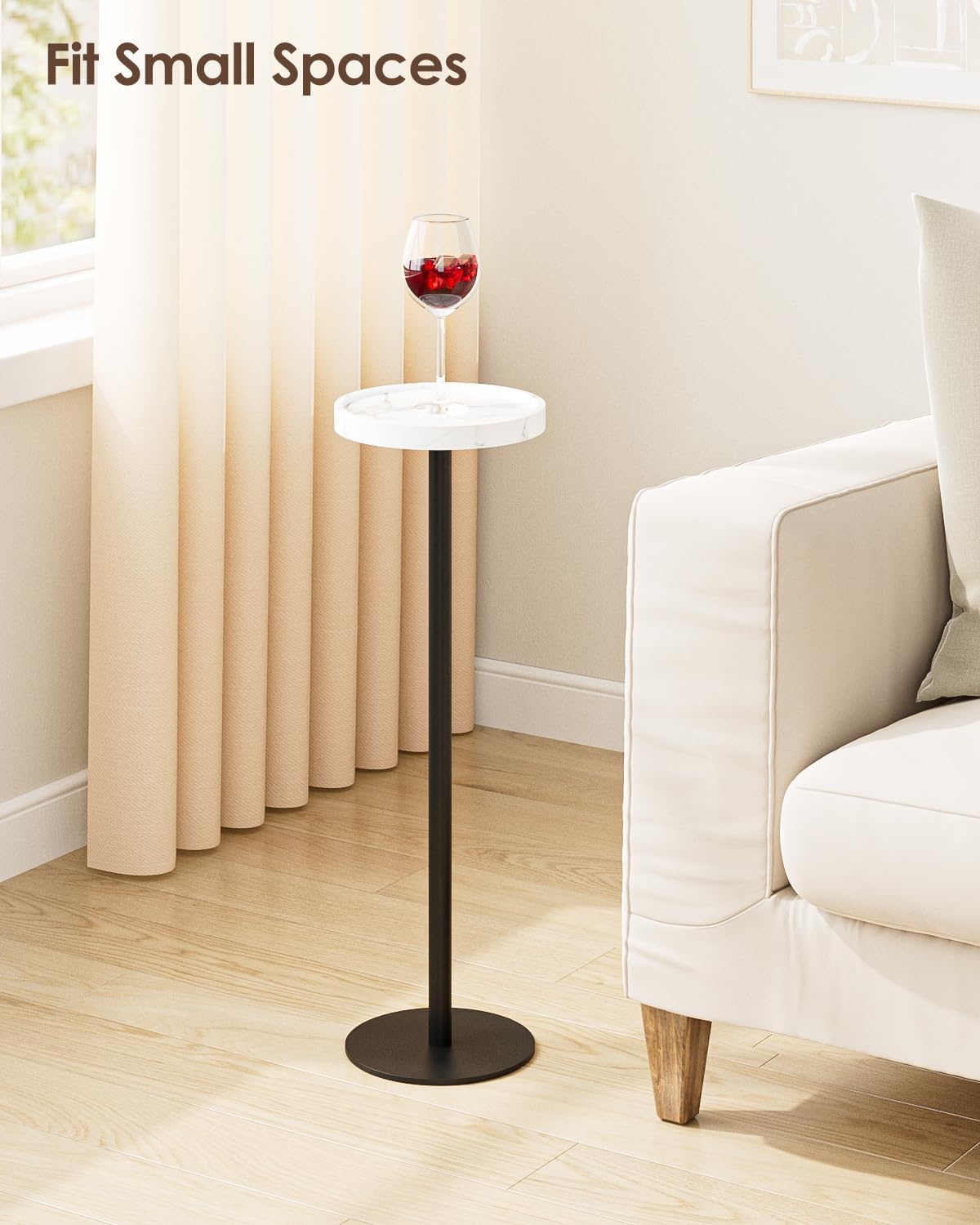 Drink Table, Small Pedestal Side Table, Round Cocktail Table, Circle Accent End Table with Metal Base, for Small Spaces (1, White Marble)