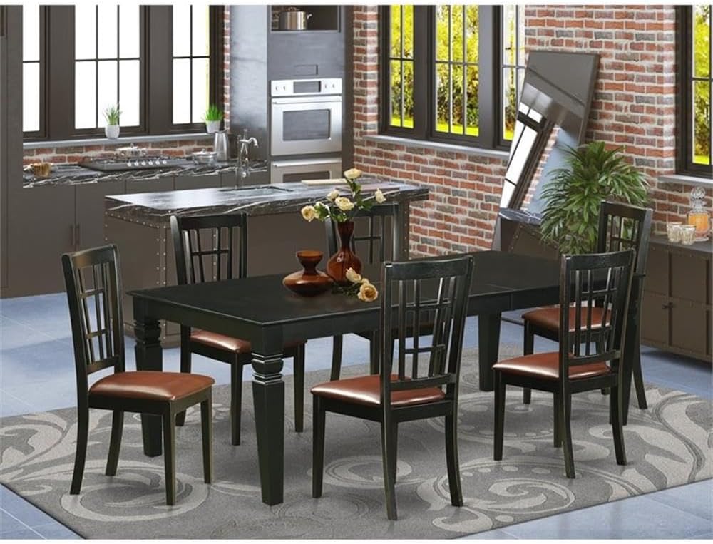 East West Furniture LGNI7-BLK-LC 7 Piece Dining Table Set Consist of a Rectangle Wooden Table with Butterfly Leaf and 6 Faux Leather Dining Room Chairs, 42x84 Inch, Black