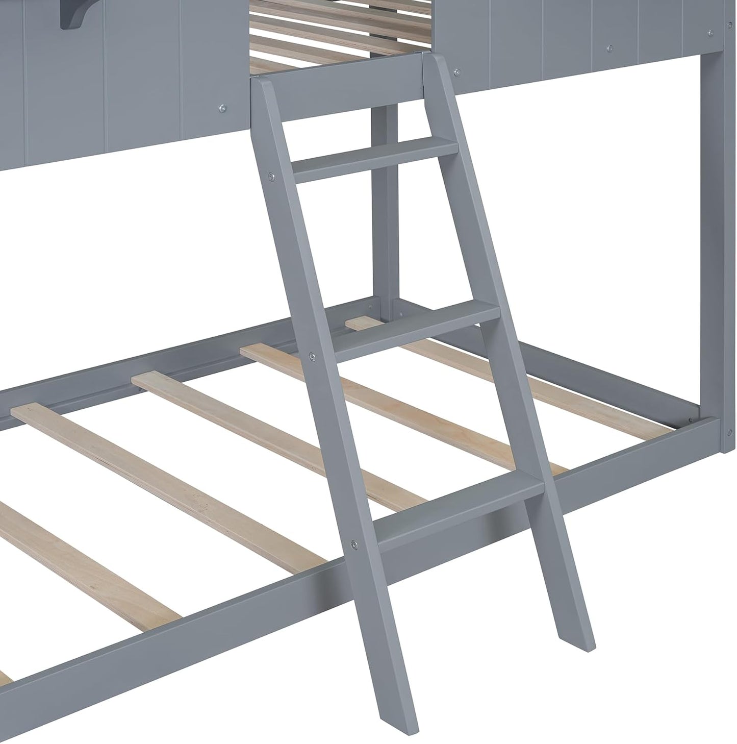 Ball & Cast Twin Over Twin Size Playhouse Bunk Bed with Roof and Window,Wood Bunkbed w/Full-Length Guard Rail & Ladder,Slat Support,Space Saving,Bedroom Furniture for Student Dorms,Gray