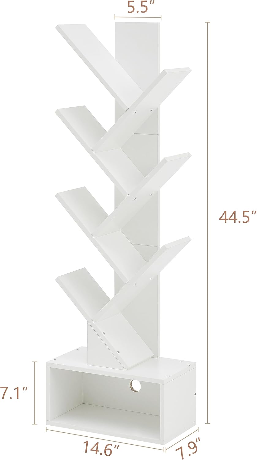 Hoctieon 6 Tier Tree Bookshelf, Tall Bookcase with Drawer, Freestanding Book Shelf, Display Floor Standing Storage Shelf, Book Organizer Shelves for Home Office, Living Room, Bedroom, White