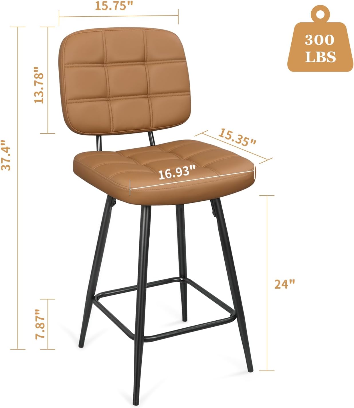 Bar Stools Set of 2, 24 Inch Upholstered Metal Barstool with Back and Footrest, Bar Chair with Metal Base for Dining Room Counter Island, Brown