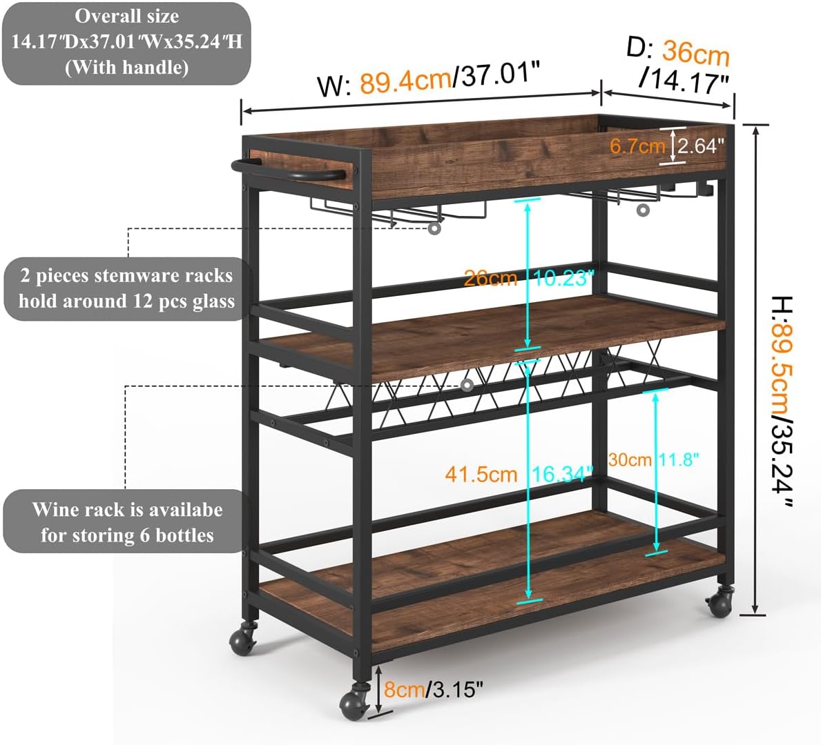 BON AUGURE Bar Cart for The Home, Rolling Home Bar Serving Cart on Wheels, 3 Tier Liquor Beverage Carts with Wine Rack and Glass Holder (Rustic Oak)