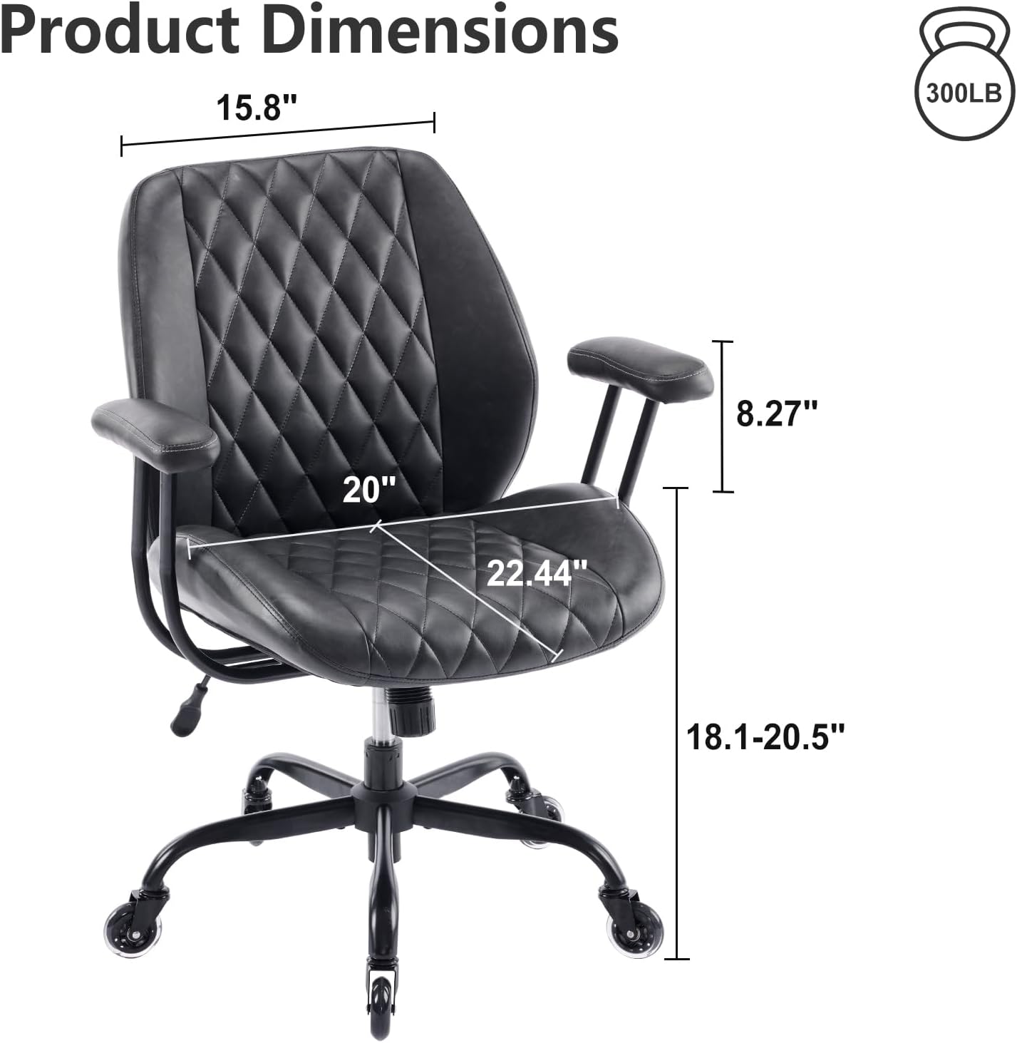 YFO Home Office Desk Chair Office Rubber Casters Ergonomic Computer Chair with Lumbar Support Adjustable Height Rolling Swivel Executive Task Armrests Chair， Black PU