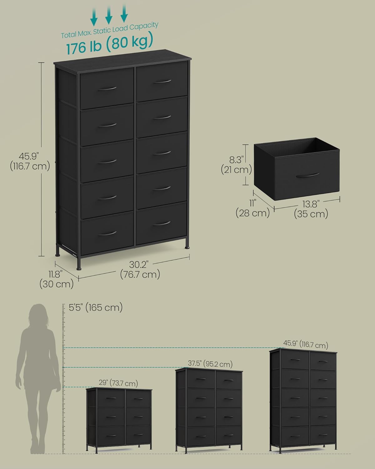 SONGMICS Dresser for Bedroom, Chest of Drawers, Steel, MDF, 10 Non-Woven Fabric Drawers, Storage Organizer Unit, Closet, Entryway, Rustic Brown and Ink Black ULGS125B01S