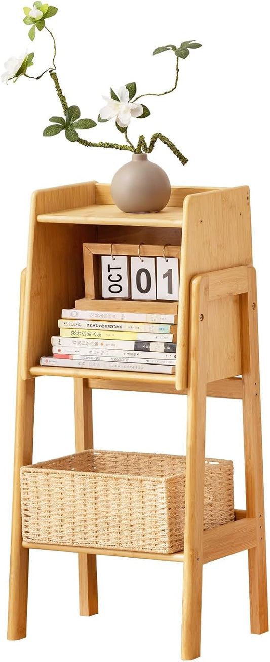 Welnow Bamboo Bookcase with Cabinet, Natural End Table with 1-Tier Storage Shelf, Modern Bedside Organizer Side Table for Bedroom or Living Room, Wood Bookshelf with Open Space