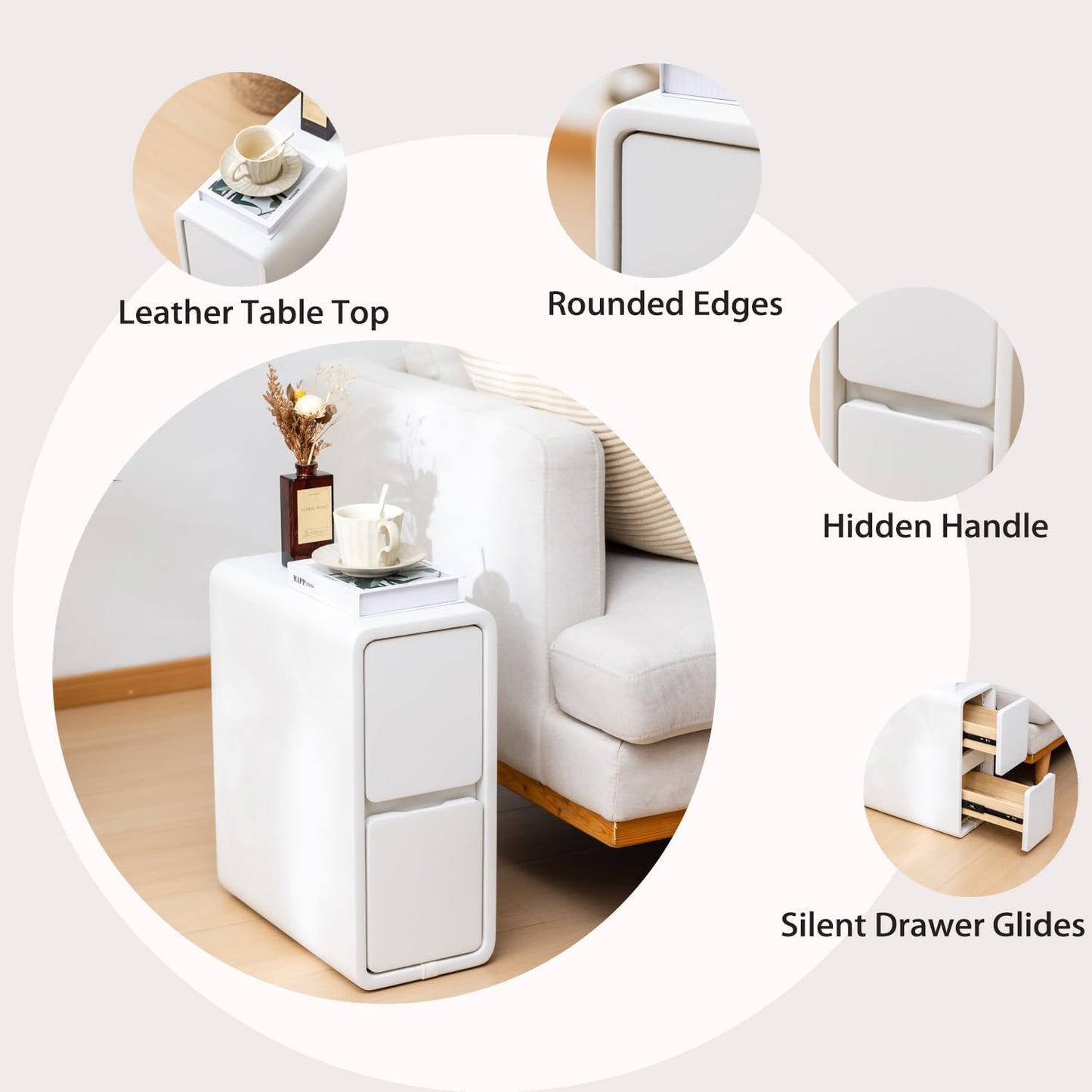 Narrow Nightstand, Solid Wood Night Stand, Slim Nightstands for Small Spaces, Couch, White Color 7.87in Wide