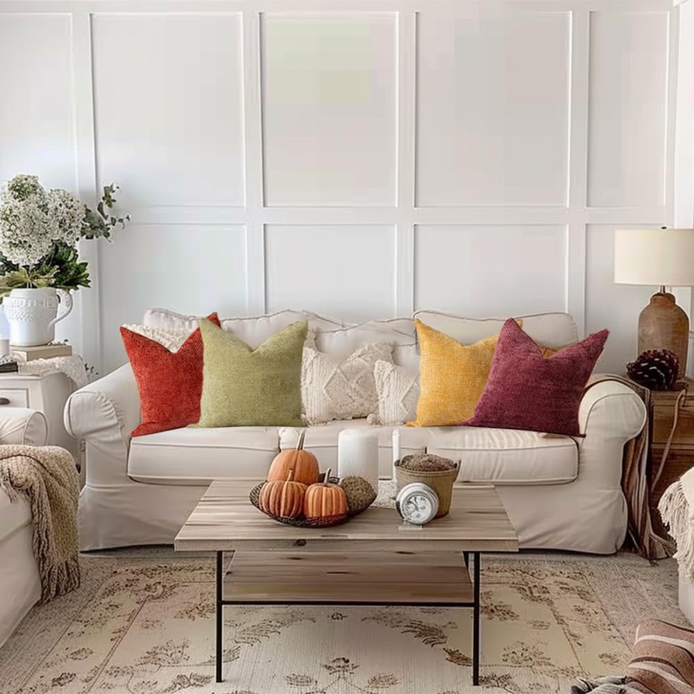 LANANAS Neutral Decorative Throw Pillow Covers 18x18 Inch for Living Room Couch Bed Sofa Farmhouse Boho Home Decor Set of 4 Soft Corduroy Accent Luxury Cushion Cases (Orange Green, 18x18)