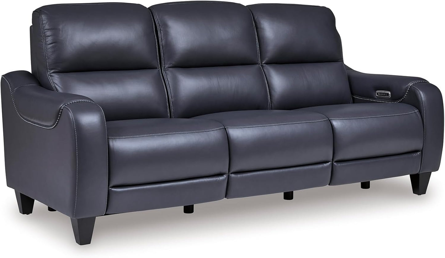Signature Design by Ashley Mercomatic Contemporary Leather Match Wall Hugger Power Reclining Sofa with Adjustable Headrest and USB Ports, Blue