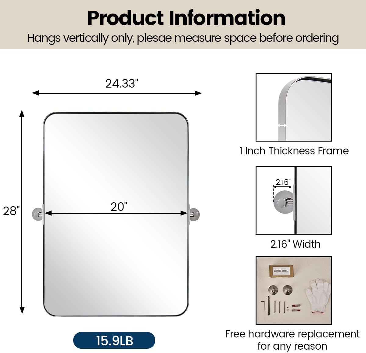 MOON MIRROR Polished Chrome Pivot Mirror for Bathroom, Tilt Bathroom Vanity Mirror,Rounded Rectangle Pivoting Mirror, Overall 24.33 x 28 inches(Mirror 20 x 28 inches)