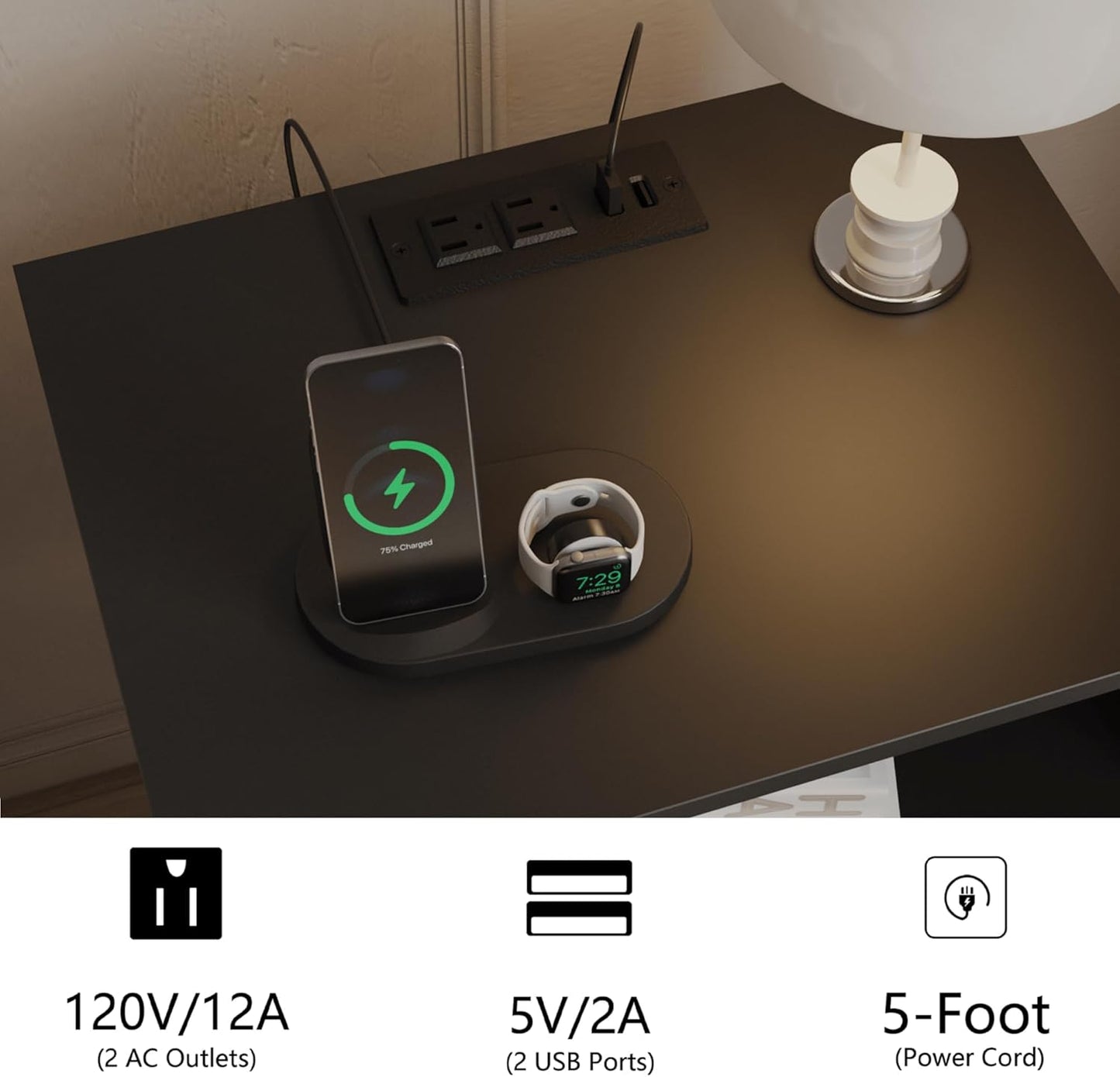 Rattan Nightstand with Charging Station,Farmhouse Bedside Table with 2 Storage Drawer and Open Wood Shelf, for Bedroom and Small Spaces,Night Stand with Solid Wood Legs (Black-Outlet)