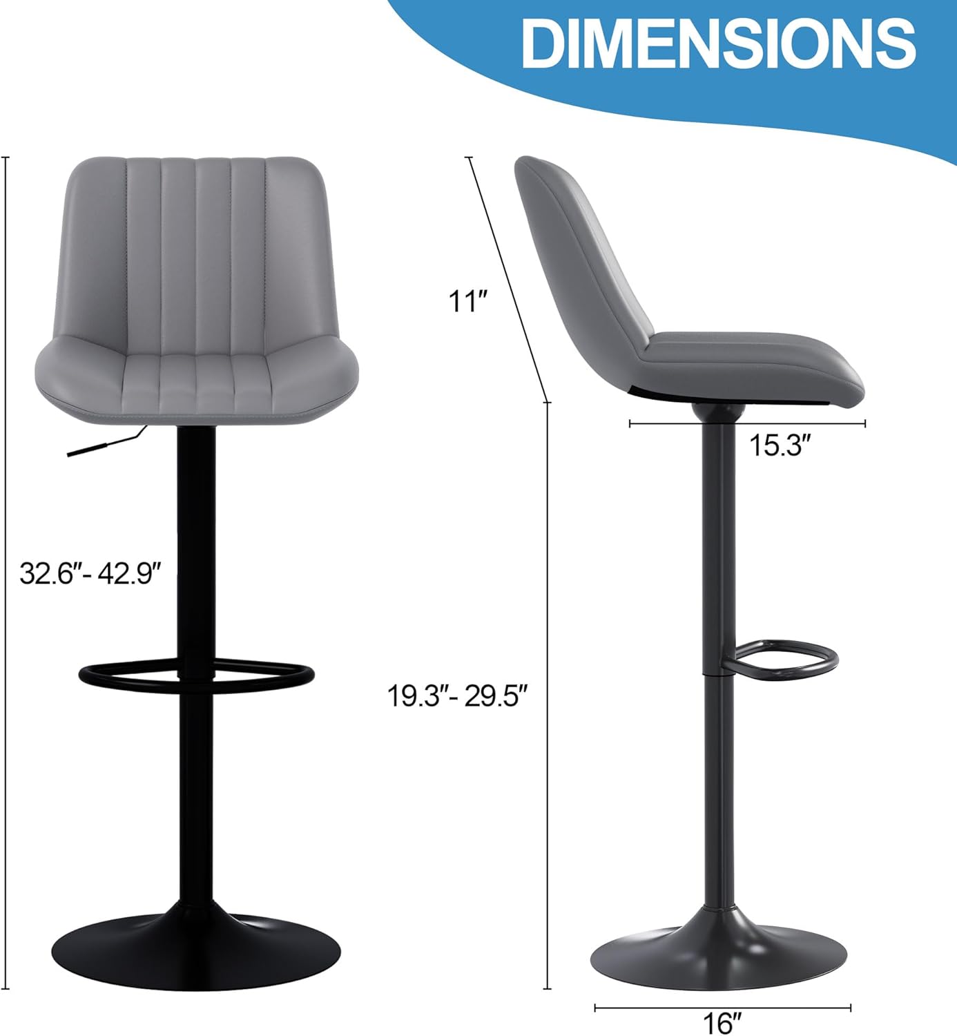 Shintenchi Swivel Bar Stools Set of 4, Adjustable Faux Leather Upholstered Swivel Counter Stools, Armless Bar Height Island Chairs with Back and Footrest, Gray