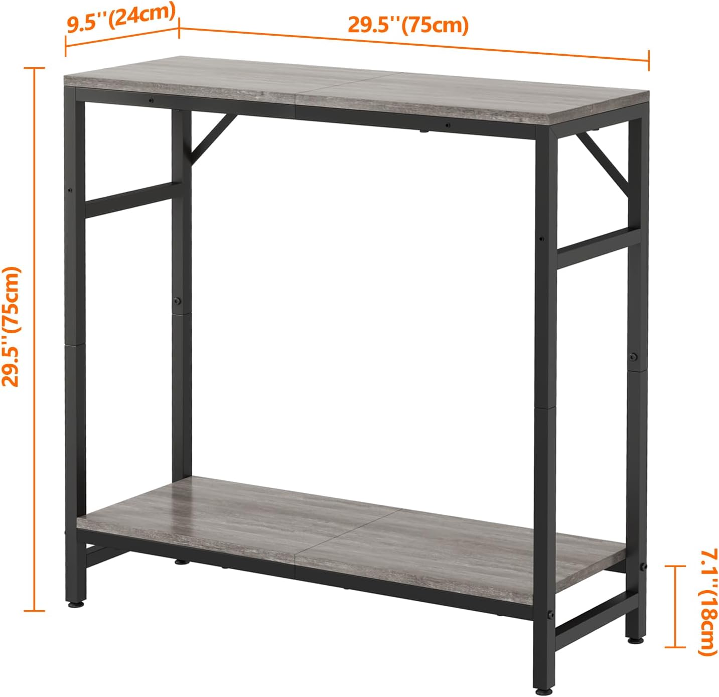 Narrow Console Table, 2 Tier Entryway Table, Thin Sofa Table, Industrial Couch Table with 2 Support Bar, Small Side Tables for Living Room, Bedroom, Hallway, Foyer, Grey