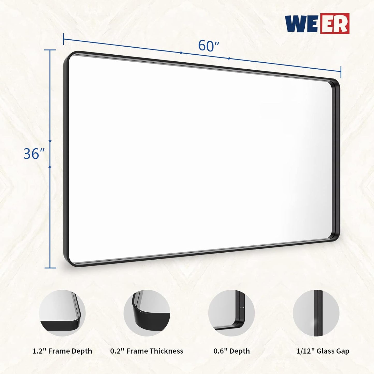 WEER Black Metal Framed Mirror, 60X36 Inch Rectangular Matte Black Wall Mirror for Bathroom, Rounded Corner Black Bathroom Vanity Mirror, Tempered Glass, Anti-Rust, Hangs Horizontal or Vertical