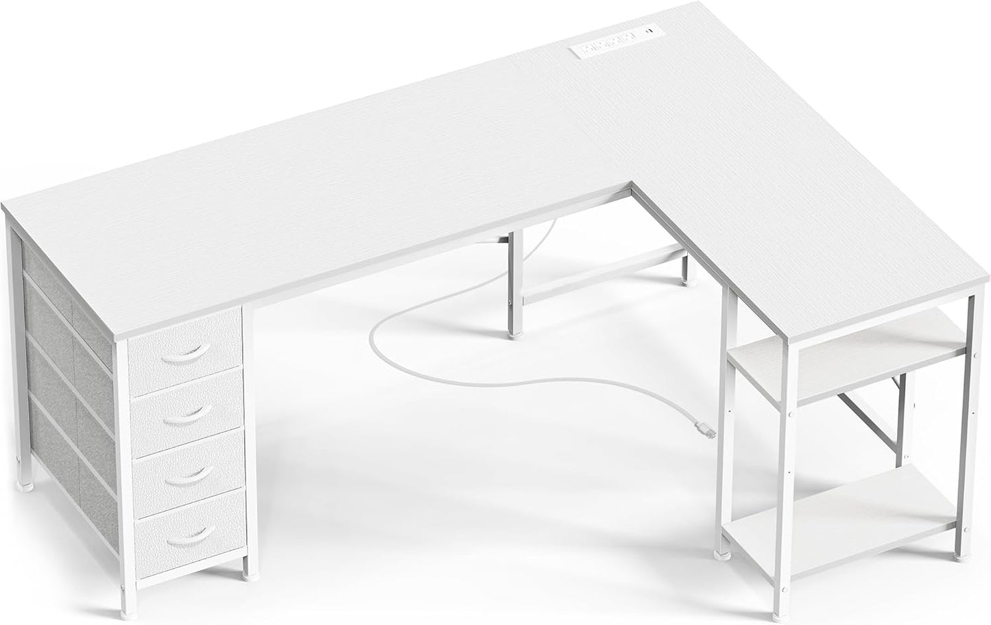Huuger 55 Inch L Shaped Desk with Fabric Drawers, Reversible Computer Gaming Desk with Power Outlets and USB-C Port, Adjustable Side Storage Shelves, for Work Study Corner Home Office, White