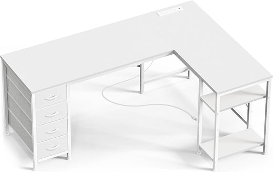 Huuger 55 Inch L Shaped Desk with Fabric Drawers, Reversible Computer Gaming Desk with Power Outlets and USB-C Port, Adjustable Side Storage Shelves, for Work Study Corner Home Office, White