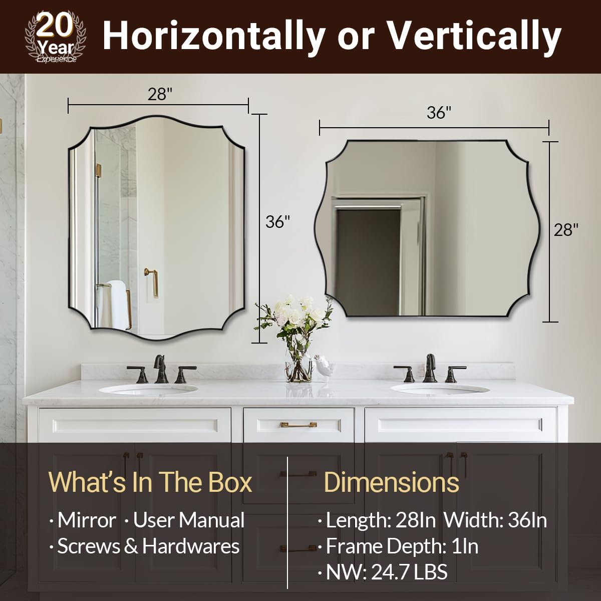 ANDY STAR Bathroom Mirror, 28x36 Inch Matte Black Vanity Mirror, Unique Rectangle Mirror with Sophisticated Curved Design, Ideal for Bathroom Remodel (Vertical or Horizontal)