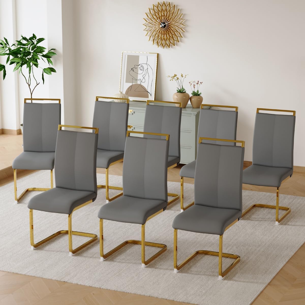 Dining Chairs Set of 8, Faux Leather with Plated Chrome Metal Frame, Modern Kitchen Chairs with Padded Seat High Back for Dining Room, Kitchen, Living Room