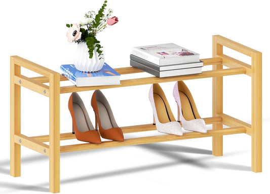 Haddockway Bamboo Shoe Rack for Closet, Free Standing Shoe Organizer with Smooth Round Rods & Convenient Handles, Stackable Shoe Storage Shelf for Entryway, Hallway(Natural, 2-Tier(Small))