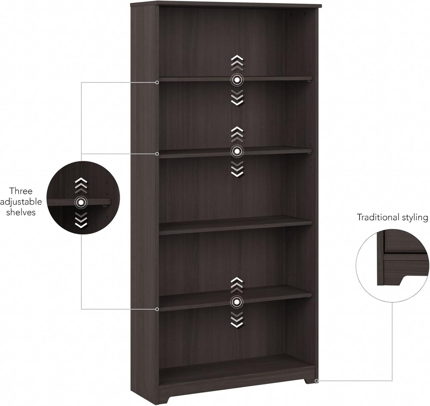 Bush Furniture Cabot Tall 5 Shelf Bookcase | Large Open Bookshelf in Heather Gray | Sturdy Display Cabinet for Library, Living Room, and Home Office
