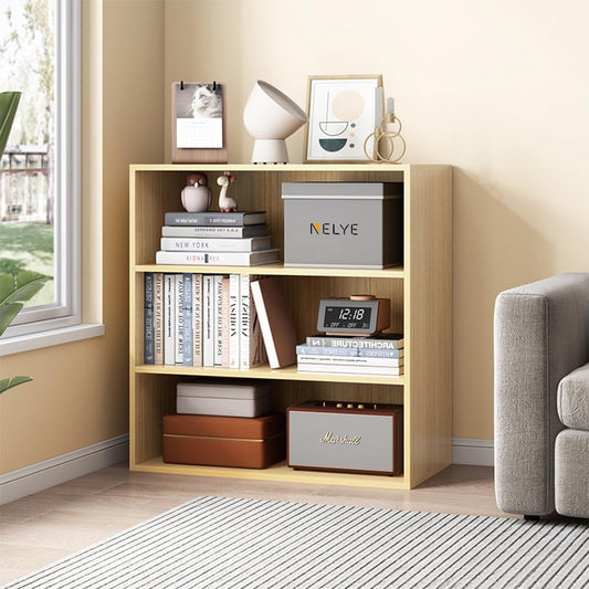 Basic Open Shelf Bookcase - 3-Tier Wooden Cube Storage Shelves Split Bookshelf, Oak