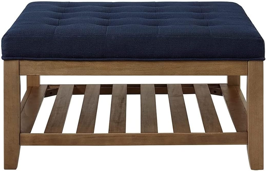 24KF Large Square Upholstered Tufted Linen Ottoman, Large Footrest Ottoman with Solid Wood Shelf- Navy Blue