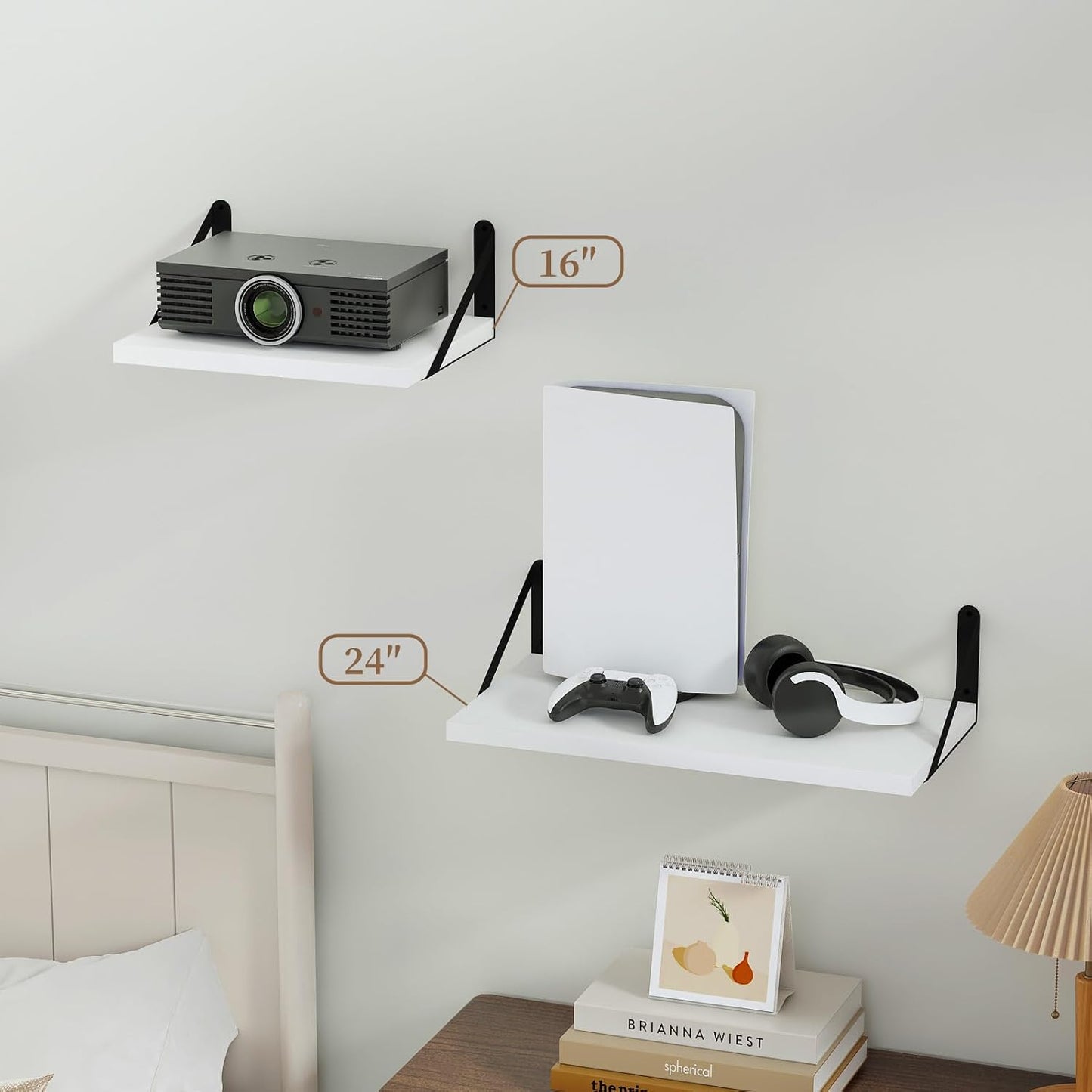 SAUMONIER Floating Shelves Bookshelf for Bedroom Bathroom Living Room Wood Wall Mounted Wide Deep Storage, White Painted 24 Inch Shelves Set of 2