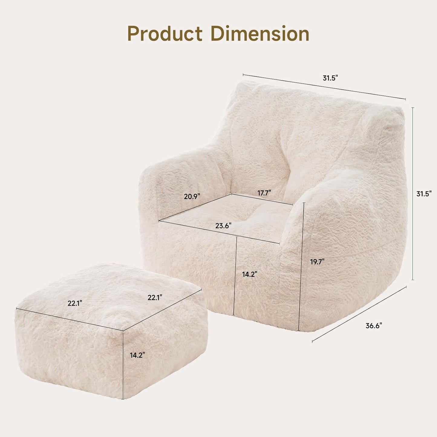 Giant Bean Bag Chairs for Adults with Ottoman, Faux Fur Boneless Chaise Couch Filler with Memory Foam,Large BeanBag Lounge Lazy Floor Sofa Accent Chair for Living Room,Bedroom & Game Rooms