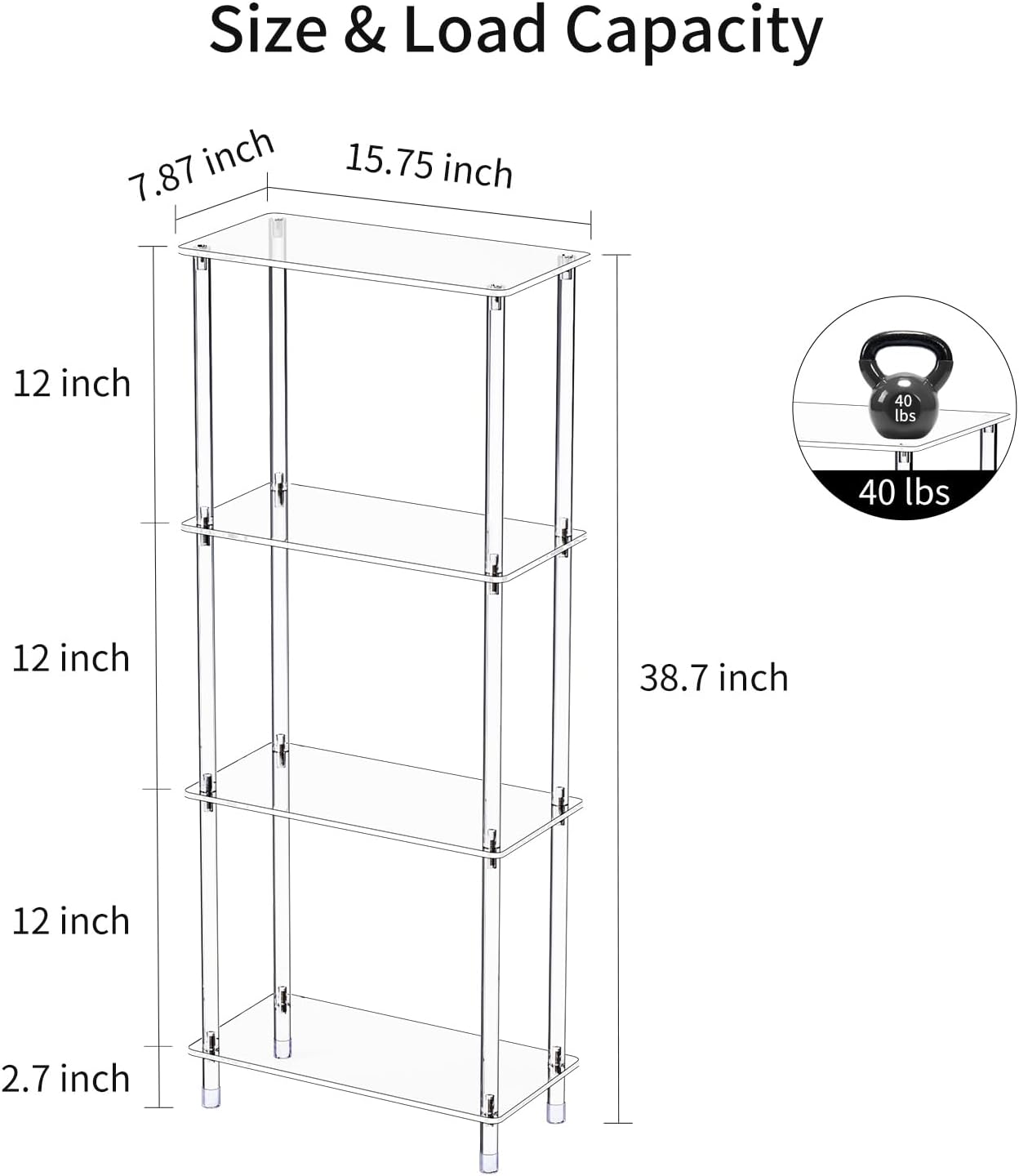 Clear Acrylic Narrow Side Table for Small Spaces, 15.75" L x 7.87" W x 38.7" H, 4 Tier Rectangle Slim End Table Nightstand, Small Mini Skinny Bedside Table for Bedroom, Bathroom, Living Room