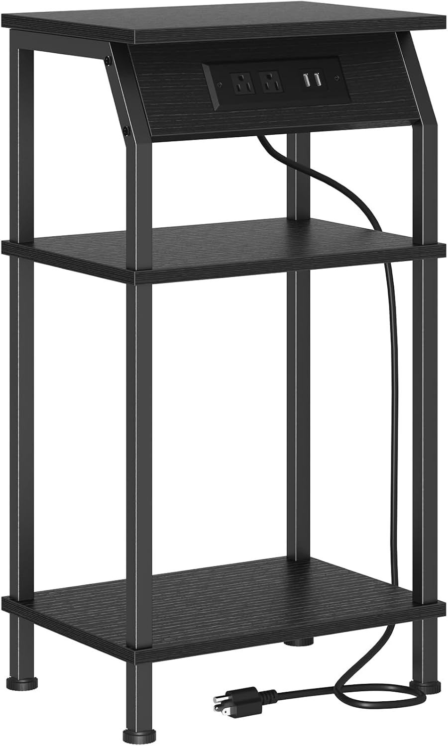 Tall End Table with Storage, 3-Tier Small Bedside Table with Charging Station, Narrow Side Table Stand, Space-Saving Nightstand for Living Room, Bedroom,Office, Black