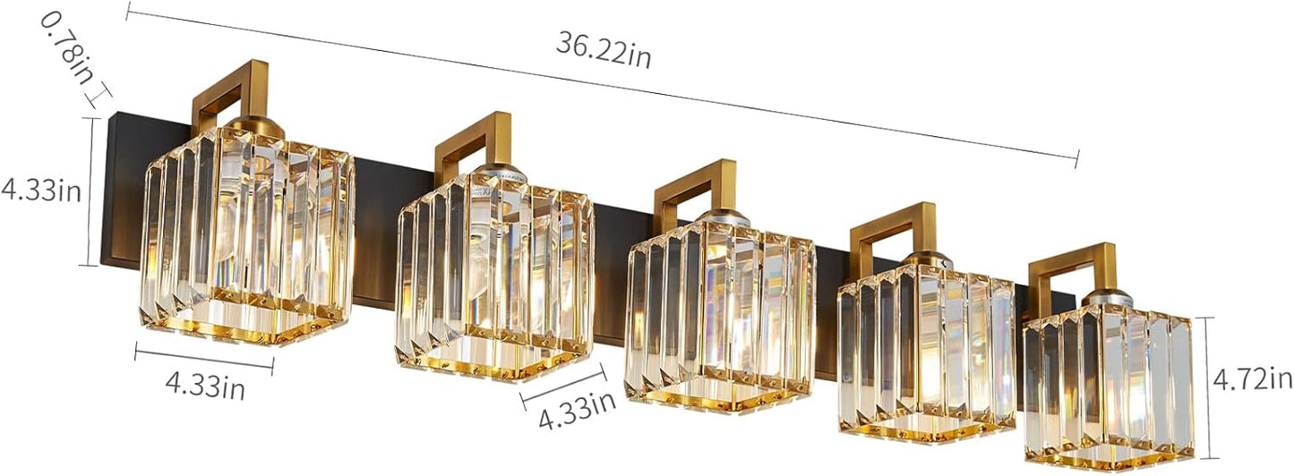 Modern Bathroom Vanity Light 5-Lights Black Gold Crystal Wall Lamp Bathroom Modern Crystal Vanity Lighting