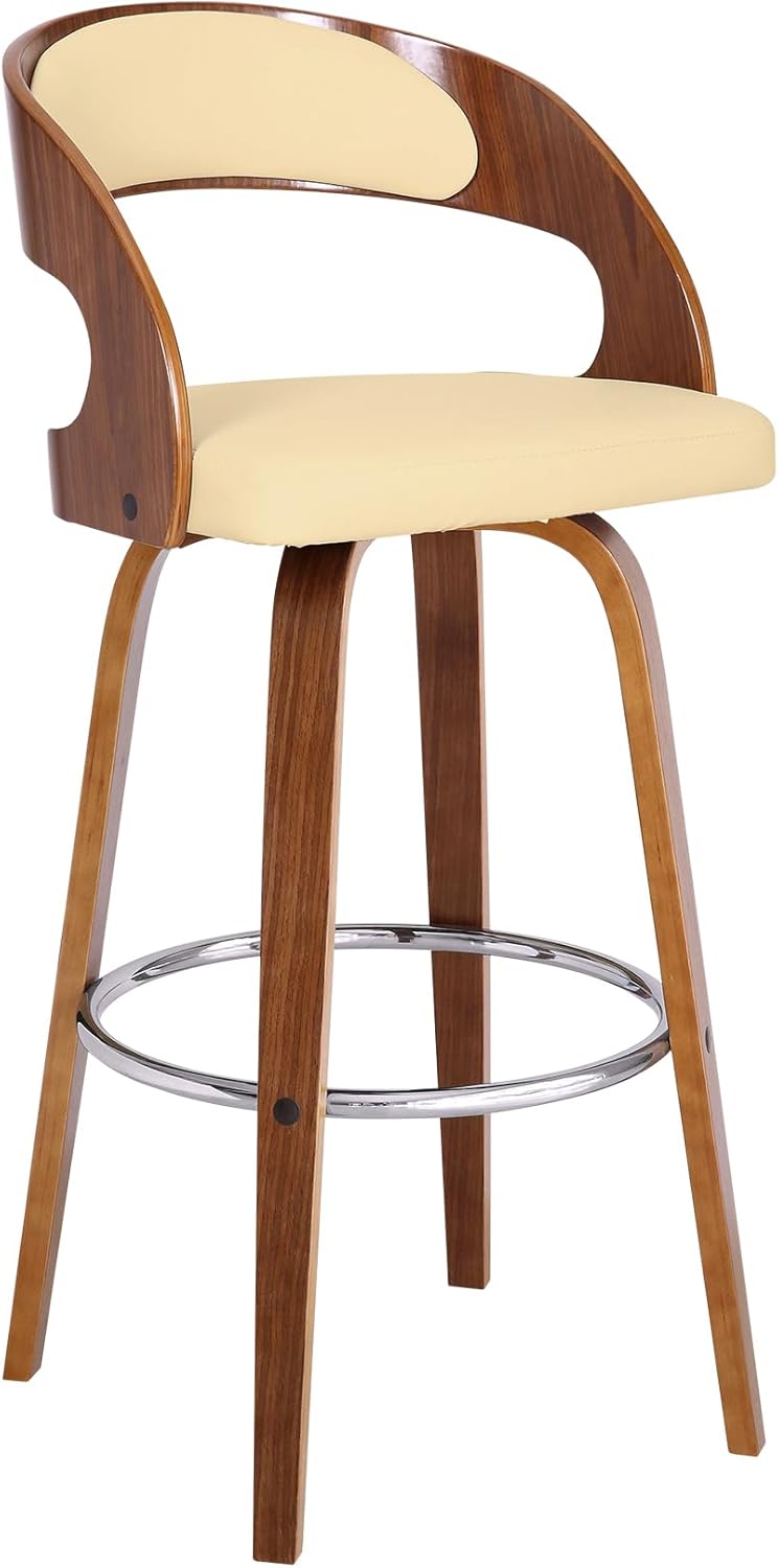 Armen Living Shelly 30" Bar Height Swivel Cream Faux Leather and Walnut Wood Bar Stool - Set of 2