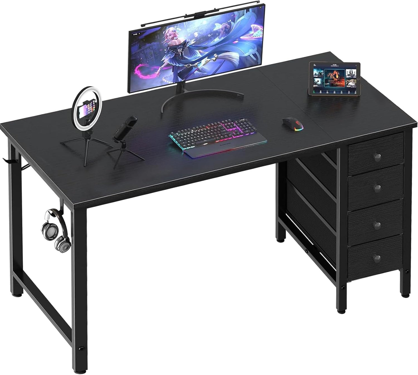 Lufeiya Gaming Desk with Fabric Drawers - 55 Inch Long Study Work Writing Reversible Computer Desk for Home Office Bedroom, Simple Modern Cute PC Desks with Drawer, Black