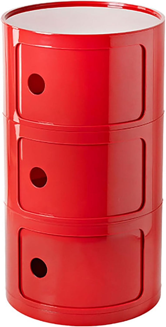 3 Tier Round Nightstand with Drawers, Red Round Side Table Small Plastic Storage End Table Suitable for Bedroom, Living Room, Bathroom (Red)