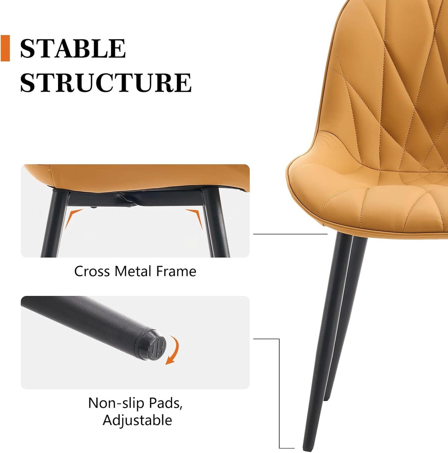 Rowill Modern Dining Chairs Set of 2 - Upholstered Faux Leather Kitchen Chairs with Soft Cushion Backrest, Sturdy Metal Legs & Non-Slip Pads, Perfect for Home Dining Room, Kitchen, Brown Yellow