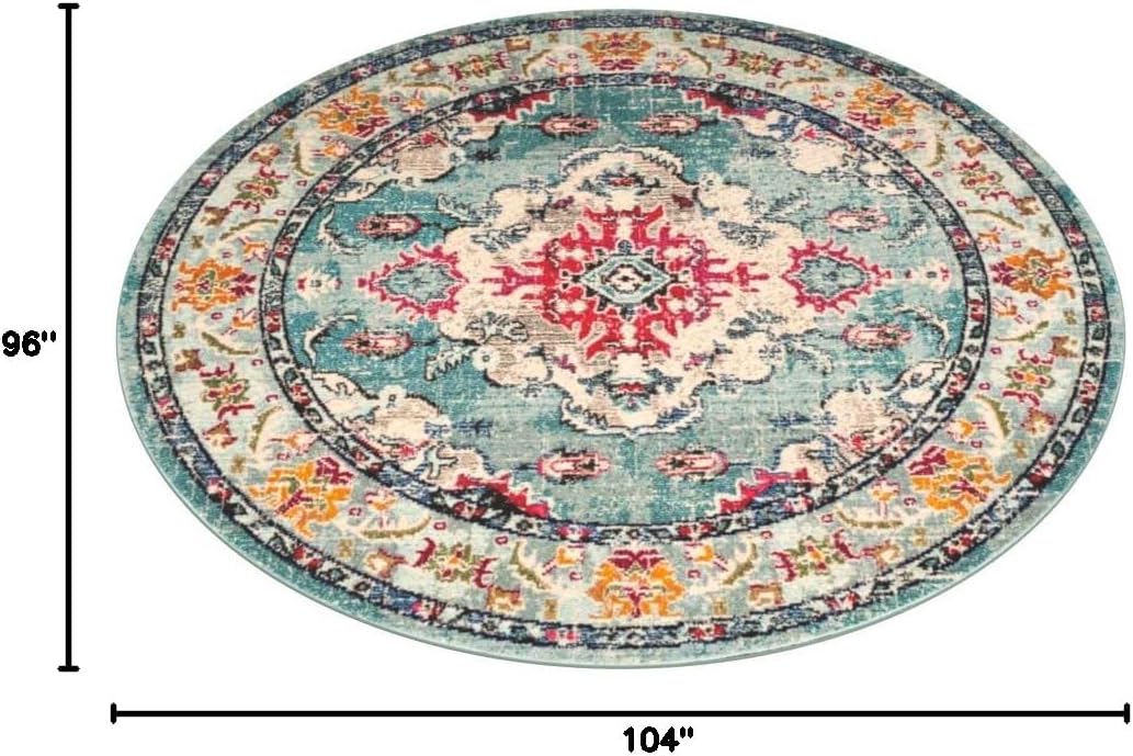 SAFAVIEH Monaco Collection Area Rug - 8'8" Round, Light Blue & Fuchsia, Boho Chic Medallion Distressed Design, Non-Shedding & Easy Care, Ideal for High Traffic Areas in Living Room, Bedroom (MNC243J)