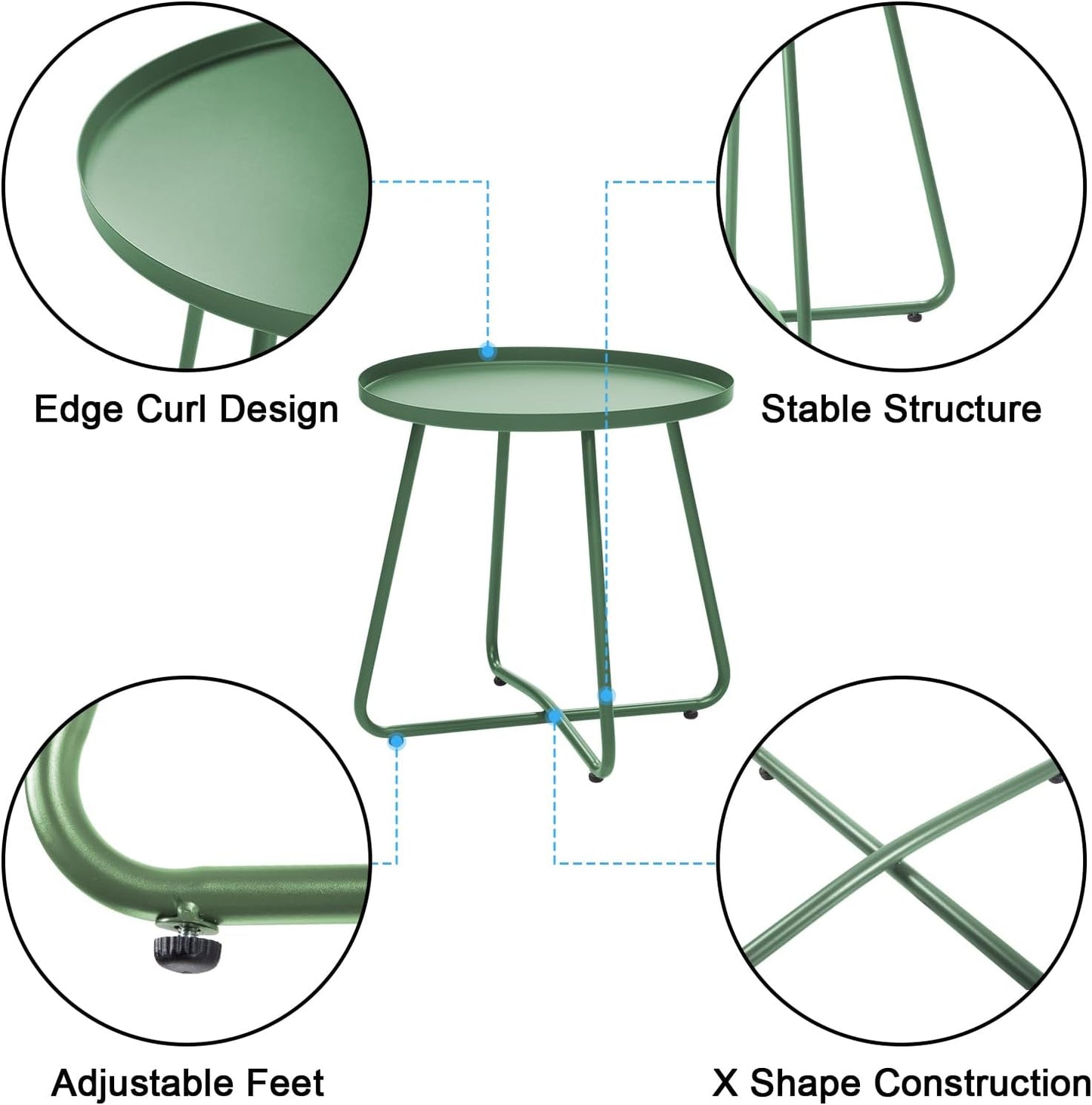 Dia.17.7ins Steel Round Coffee Table, Steel Tray Table, Side Table, Outdoor and Indoor Use, Weather Resisitant, Patio, Balcony, Garden, Backyard (Green)