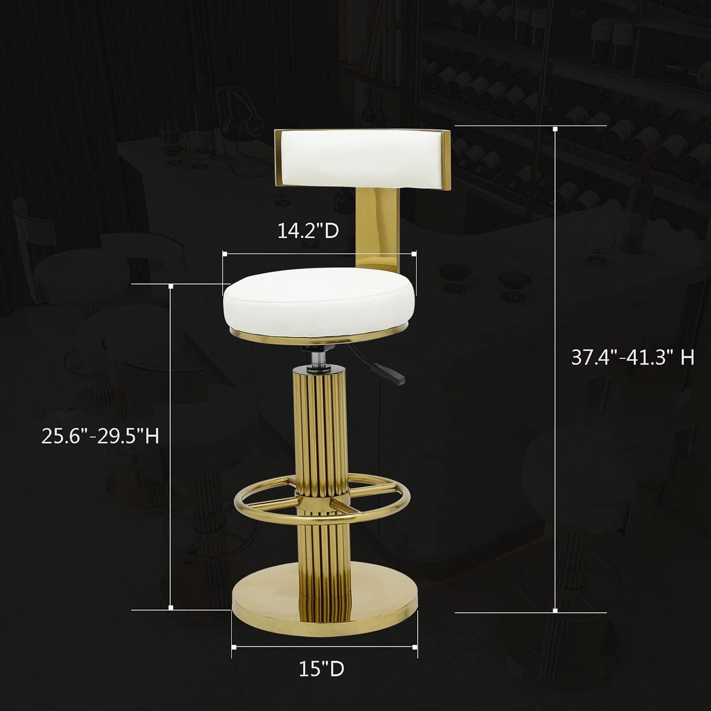 FUNROLUX Counter Height Bar Stools with Back, Modern Adjustable Height Barstools Swivel Bar Chairs with Polished Gold Stainless Steel Legs and Comfortable Cushion for Kitchen Island Counter (White)