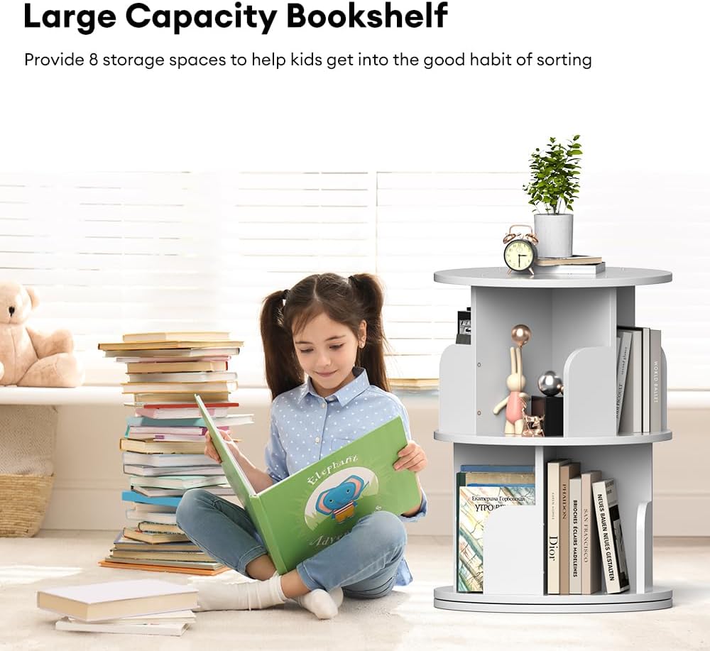 Nidouillet Rotating Bookshelf, Revolving Bookcase 360 Display Round Bookshelf, High-Density MDF Wood Narrow Swivel Corner Book Shelf Standing Bookcase for Adult Bedroom, Living Room (White, 2 Tier)