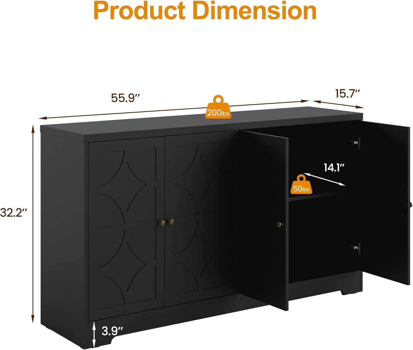 Sideboard Buffet with 4 Doors, Mid-Century Sideboard Cabinet with Adjustable Shelves, Accent Cabinet for Entryway, Living Room, Dining Room, Black