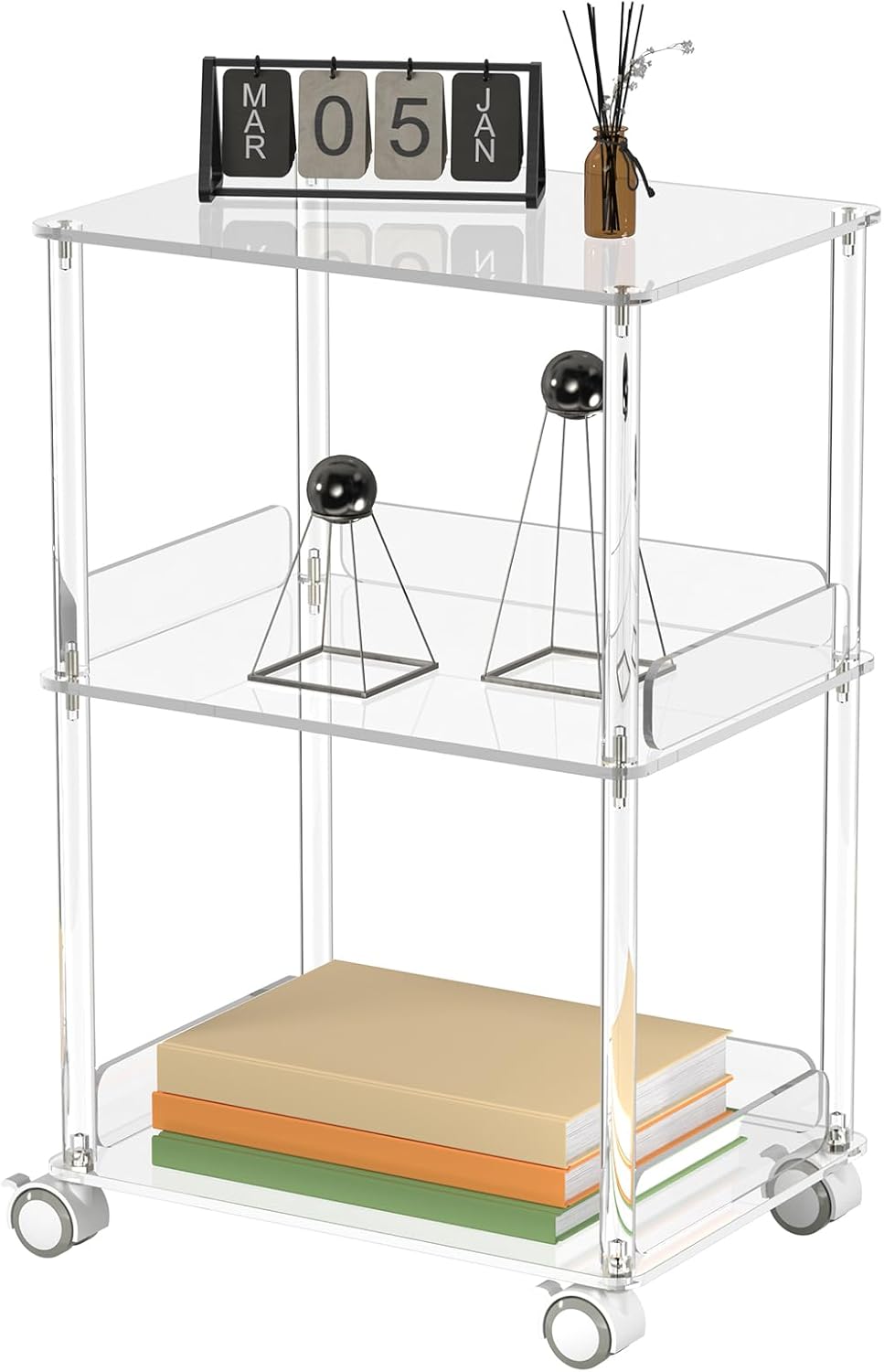 AQUIVER Acrylic Rolling Side Table - 3 Tiers End Table with Lockable Wheels - Small Clear Table for Living Room, Bedroom, Office - 15.6'' L x 11.6'' W x 24'' H