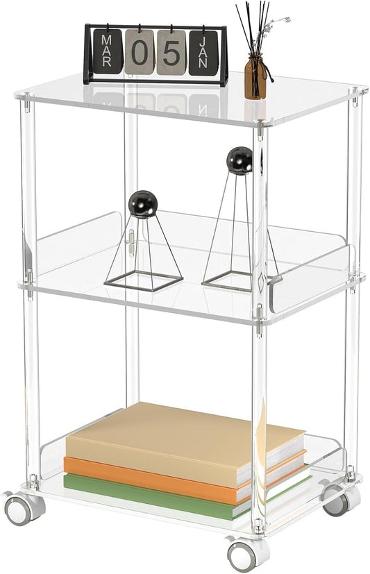 AQUIVER Acrylic Rolling Side Table - 3 Tiers End Table with Lockable Wheels - Small Clear Table for Living Room, Bedroom, Office - 15.6'' L x 11.6'' W x 24'' H
