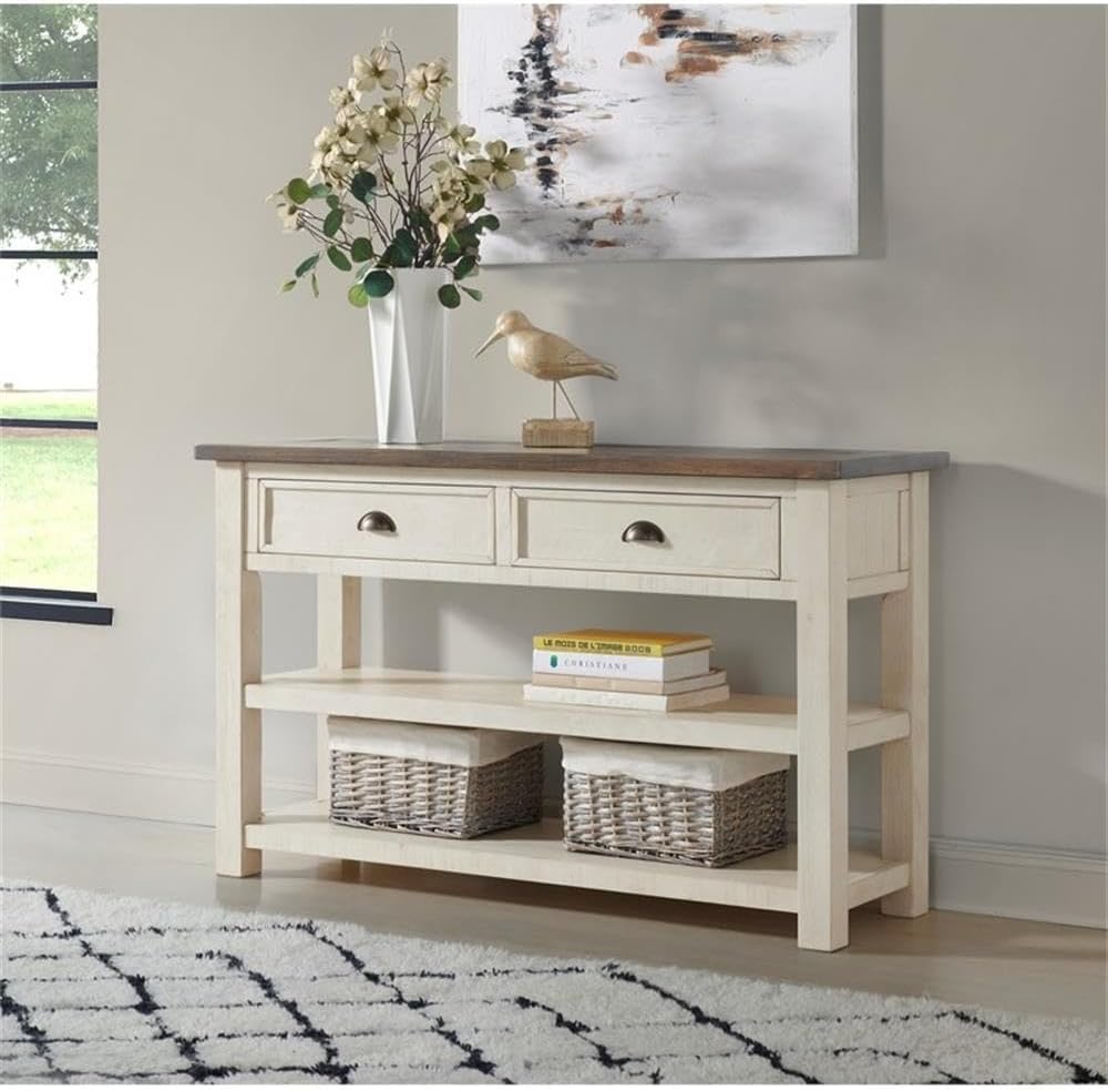 Martin Svensson Home Solid Wood Sofa Console Table, Cream White with Brown Top